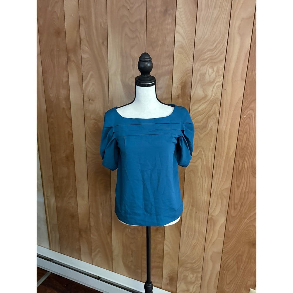 Ark & Co Teal Blue Pleated Square Neck Puff Sleeve Blouse KS-1283-B Womens Small